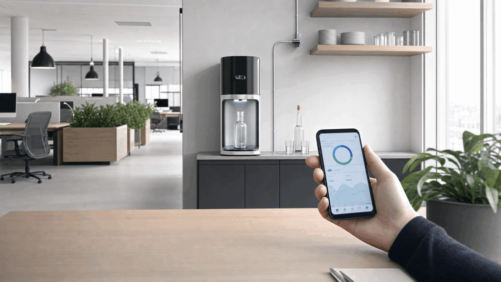 App-gesteuerter Wasserspender im modernen Büro mit Smartphone-Steuerung