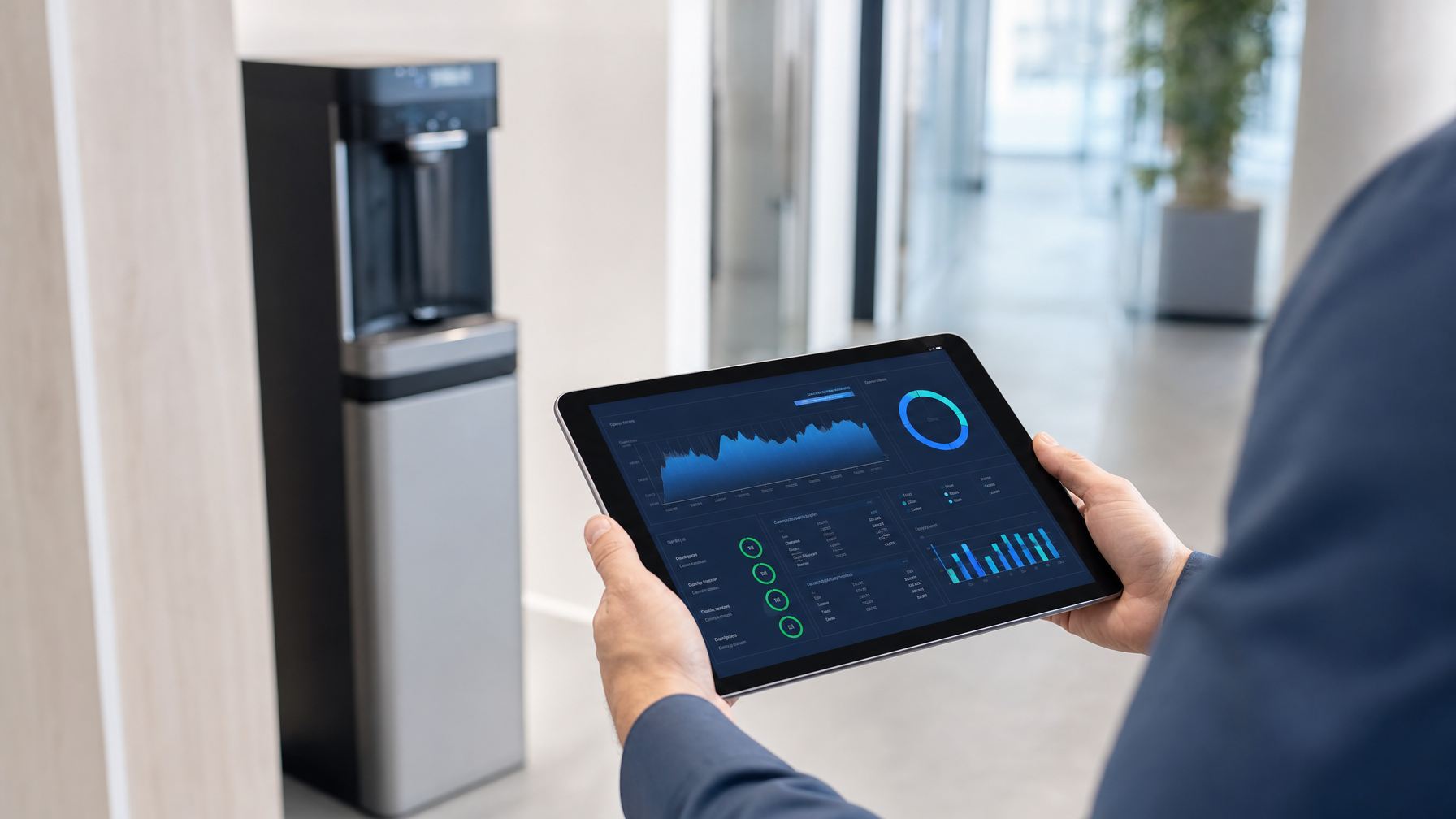 App-gesteuerter Wasserspender im modernen Büro mit Smartphone-Steuerung