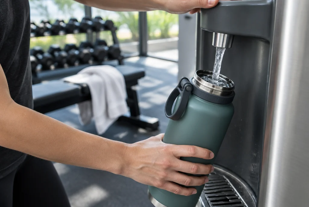 Wasserspender im Fitnessstudio, für Trinkflaschen und Stoßzeiten im Alltag