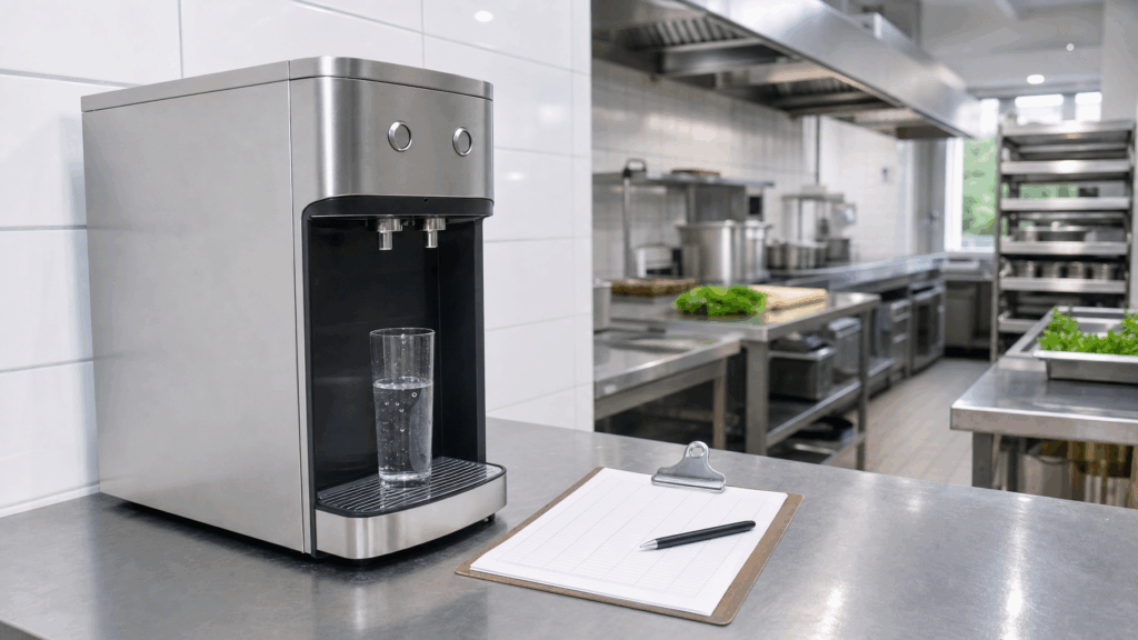 Wasserspender in gewerblicher Küche mit HACCP-Hygienekonzept und Dokumentationsmappe