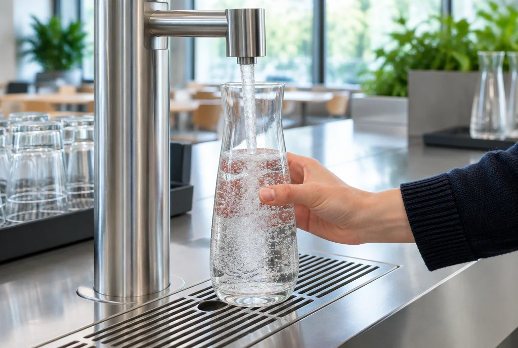 Wasserspender in der Kantine, für Mittagsspitze und Hygiene geplant im Alltag