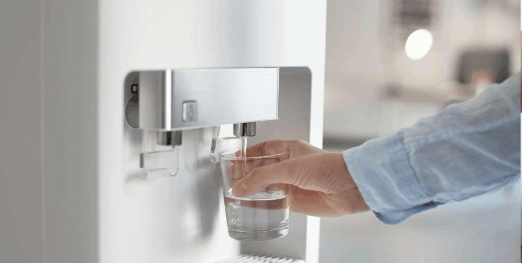 person-benutzt-wasserspender-desinfizieren