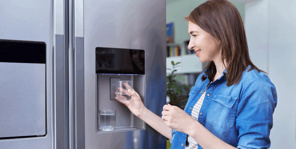 Eine Frau bedient einen Wasserspender