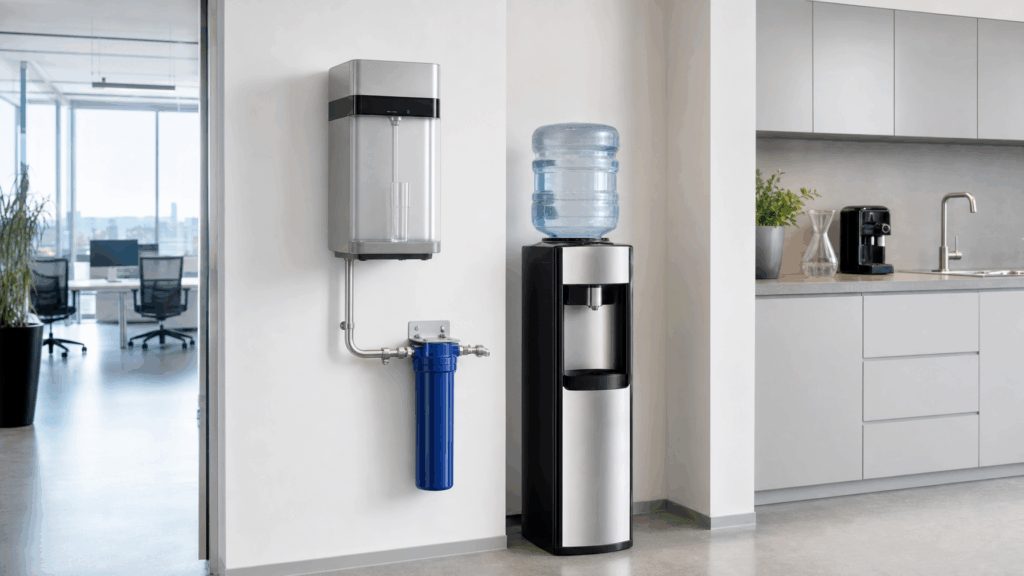 Leitungsgebundener Wasserspender mit Anschlussarten in modernem Büro im Vergleich
