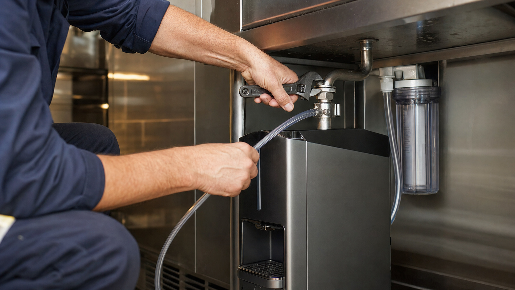 Leitungsgebundener Wasserspender mit Anschlussarten in modernem Büro im Vergleich