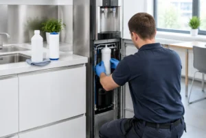 Wasserspender Desinfektion im Betrieb, mit Ablauf, Mitteln und klaren Zuständigkeiten
