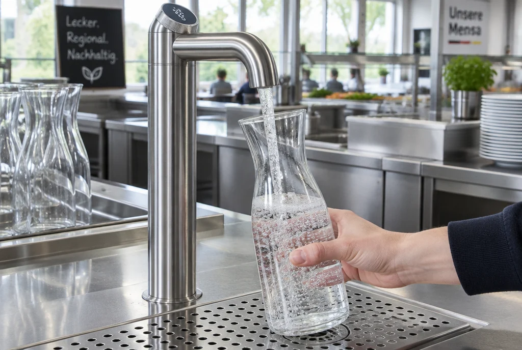 Wasserspender aus Edelstahl, robust und hygienisch für den Dauerbetrieb im Einsatz