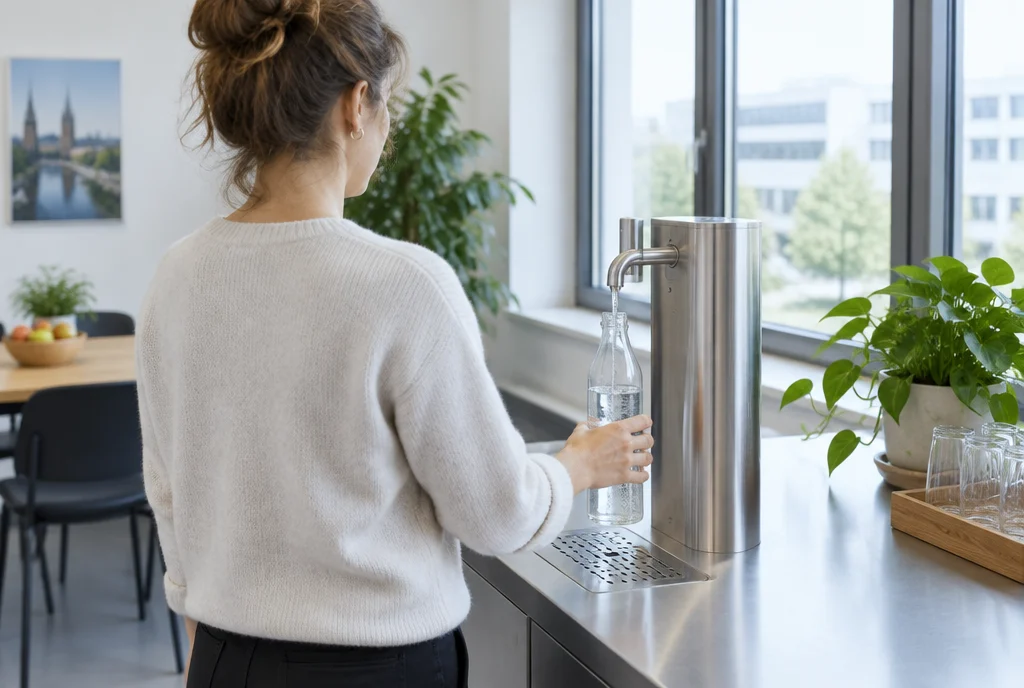 Wasserspender mit Festwasseranschluss für Unternehmen im Einsatz