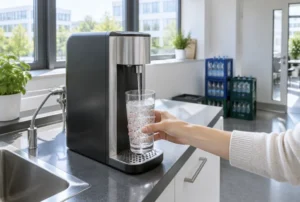Wasserspender im Büro mit Leitungswasser, Kosten, Logistik und CO2 im Vergleich zu Kisten